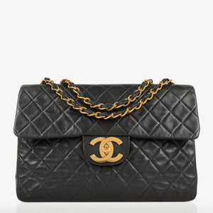 Chanel Maxi CC Classic Single Flap Maxi Logo Bag Black Quilted Lambskin 24K Gold-Plated Hardware