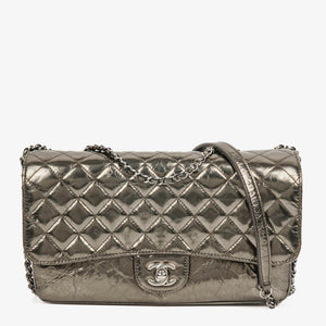 Chanel Metallic Crackled Leather Clams Pocket Flap Bag
