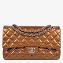 Chanel Medium Classic Double Flap Quilted Striated Bronze Patent Leather With Silver-tone Hardware