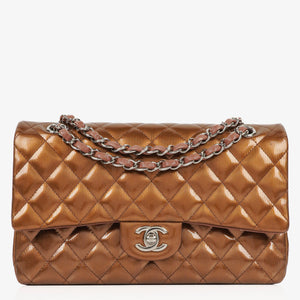Chanel Medium Classic Double Flap Quilted Striated Bronze Patent Leather With Silver-tone Hardware