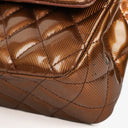Chanel Medium Classic Double Flap Quilted Striated Bronze Patent Leather With Silver-tone Hardware