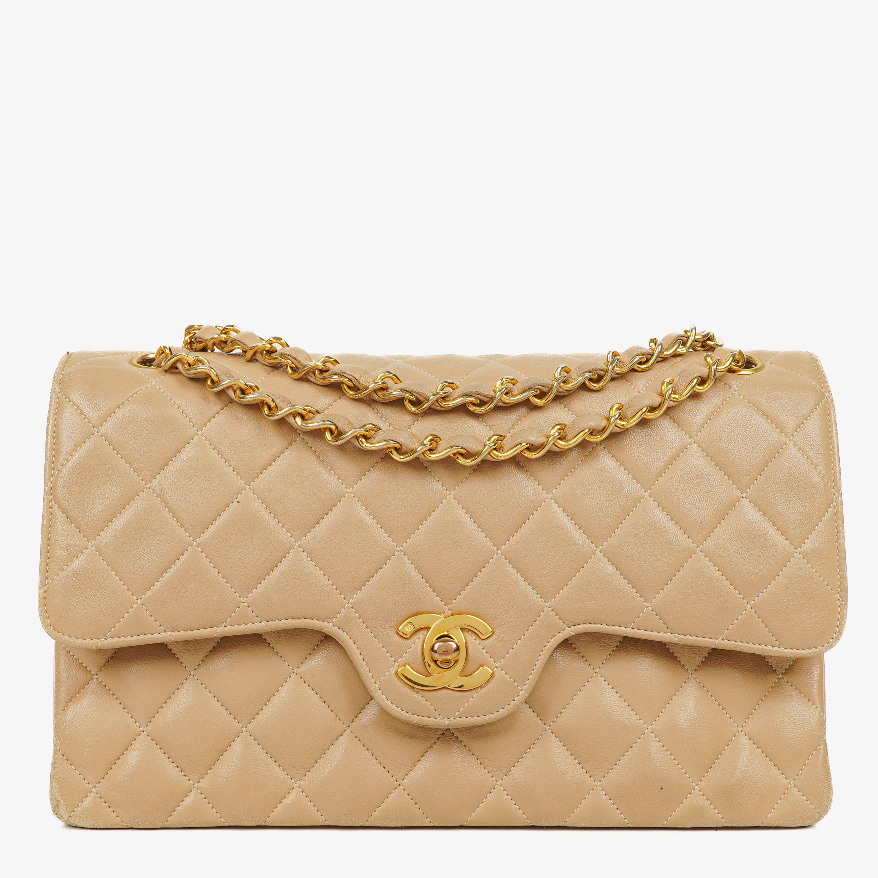 Chanel Vintage Medium Classic Double Flap Bag Beige Quilted Lambskin 24K Gold-Plated Hardware