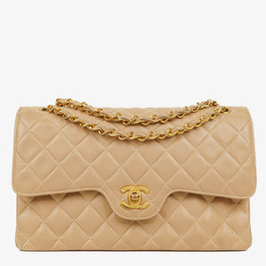 Chanel Vintage Medium Classic Double Flap Bag Beige Quilted Lambskin 24K Gold-Plated Hardware