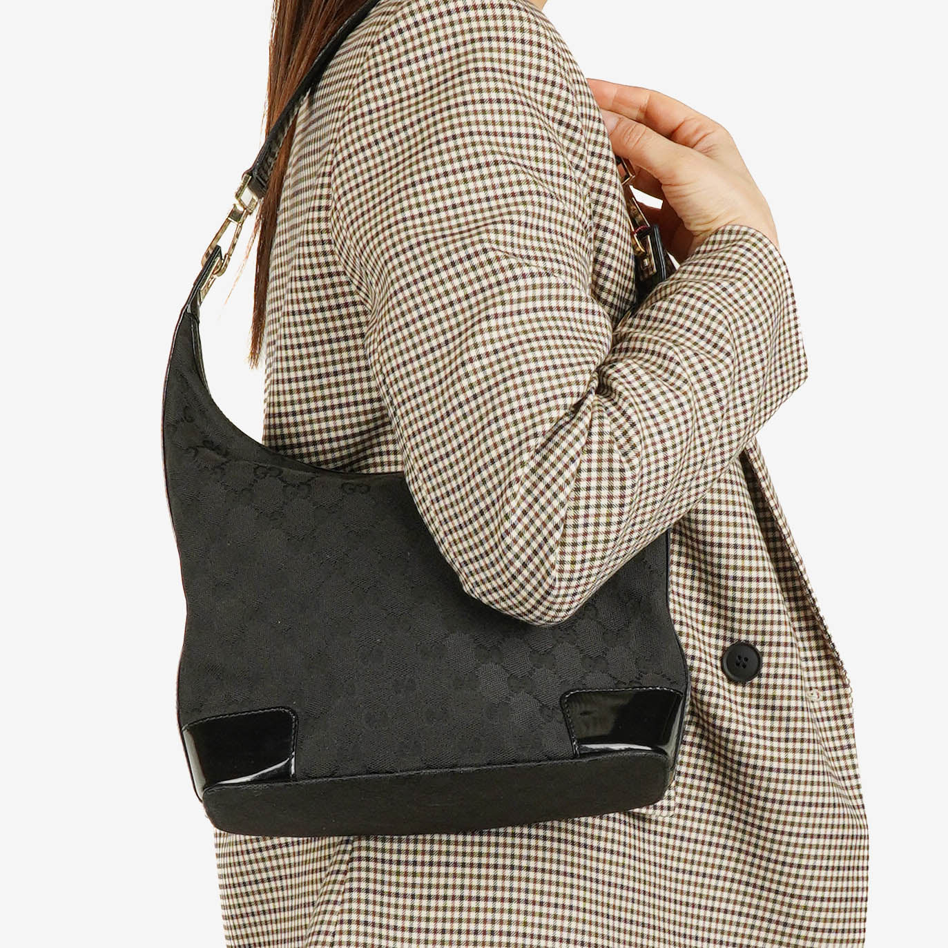 Gucci Hobo Axelväska i GG Canvas och Lackläder Svart