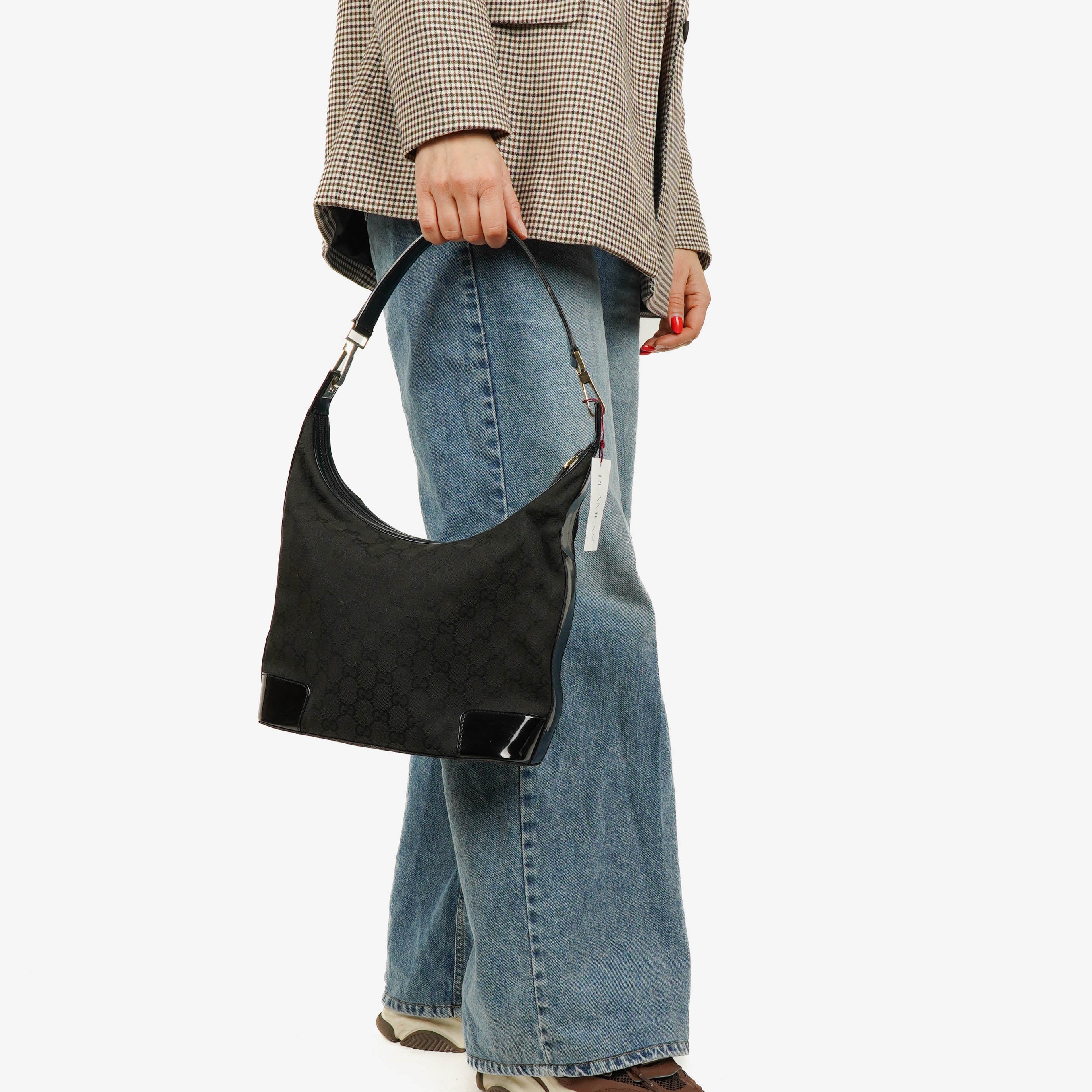 Gucci Hobo Axelväska i GG Canvas och Lackläder Svart