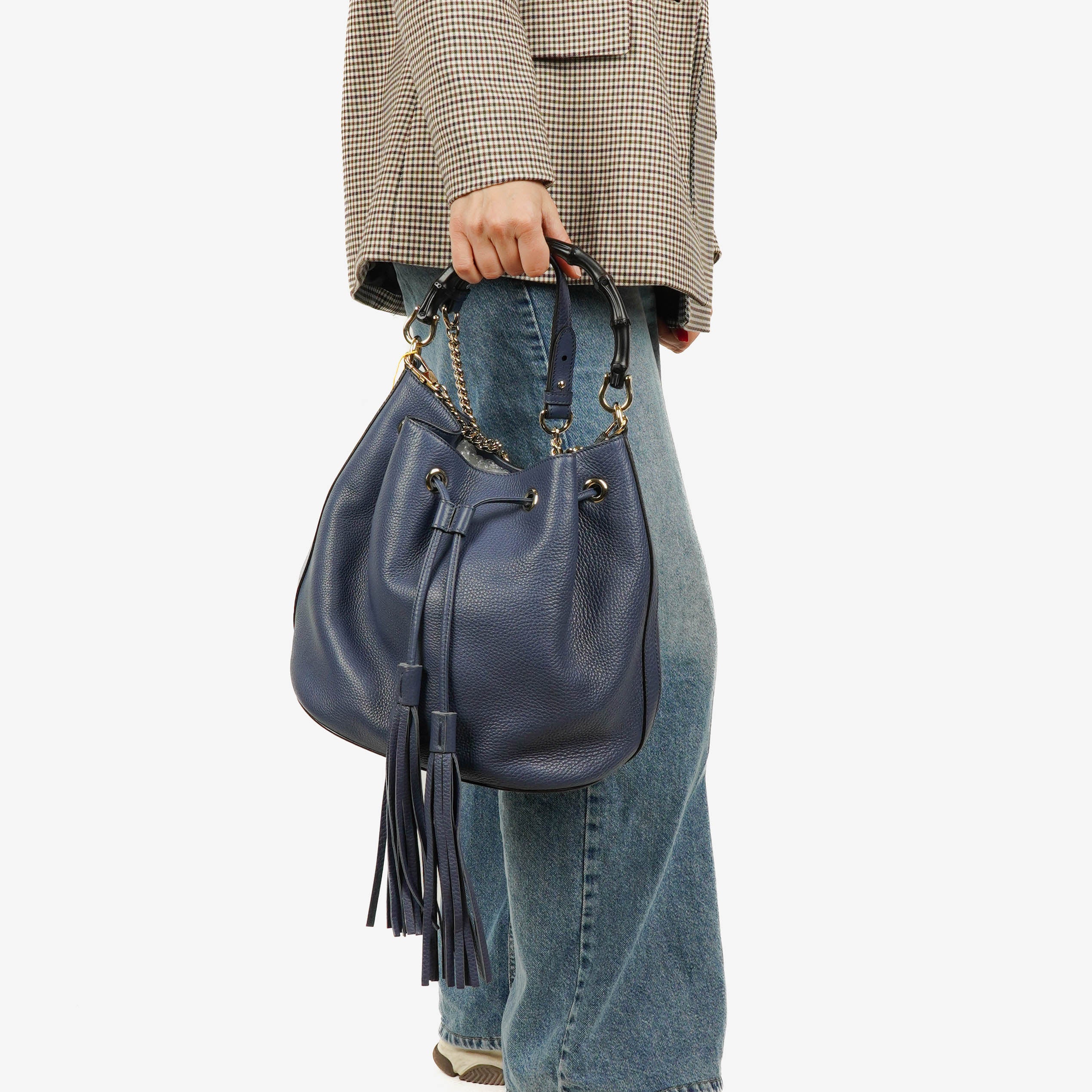 Borsa a Secchiello Gucci Miss Bamboo in Pelle di Vitello Blu Granulata