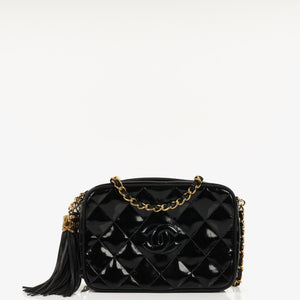 Chanel Vintage Small Camera Tassel Bag In Black Quilted Patent Leather