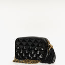 Chanel Vintage Small Camera Tassel Bag In Black Quilted Patent Leather