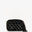 Chanel Vintage Small Camera Tassel Bag In Black Quilted Patent Leather