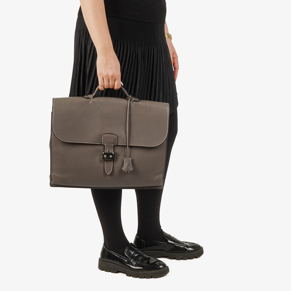Hermes Sac a Depeches Gris Tourterelle Clemence Leather Palladium Plated 38cm Briefcase Bag
