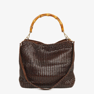 Gucci Brown Woven Leather Bamboo Top Handle Bag