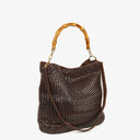Gucci Brown Woven Leather Bamboo Top Handle Bag