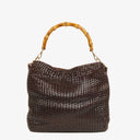 Gucci Brown Woven Leather Bamboo Top Handle Bag