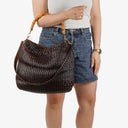 Gucci Brown Woven Leather Bamboo Top Handle Bag