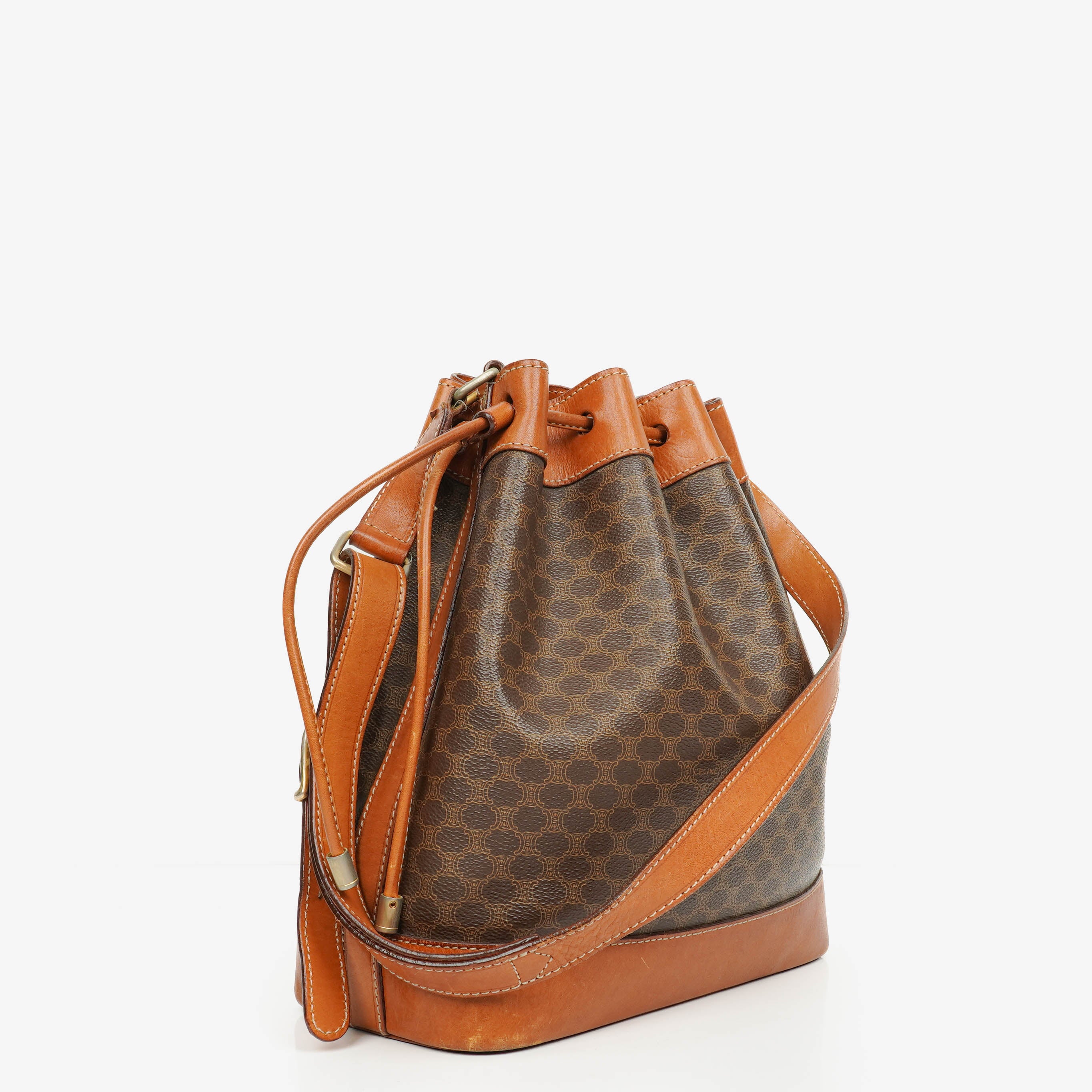 Celine Vintage Macadam Brown Drawstring Bucket Bag