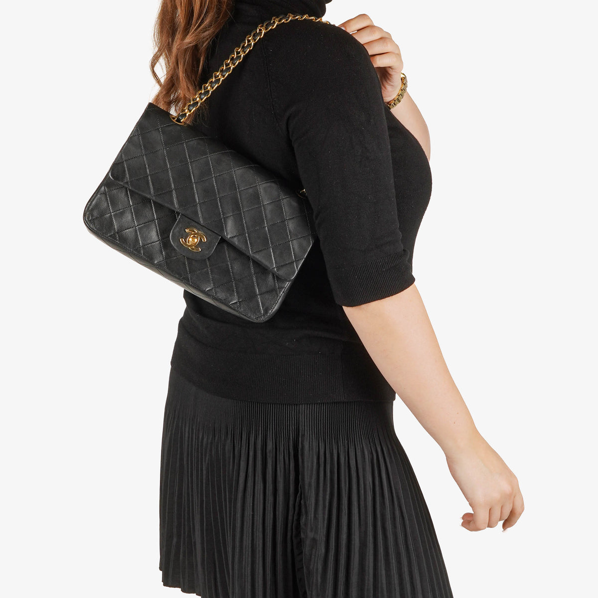 Chanel Vintage Classic Medium Double Flap Bag in Quilted Black Lambskin with 24-karat Gold-Plated Hardware
