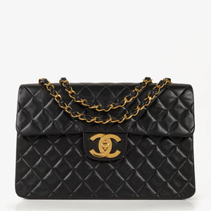 Chanel Maxi CC Classic Single Flap Maxi Logo Bag Black Quilted Lambskin 24K Gold-Plated Hardware