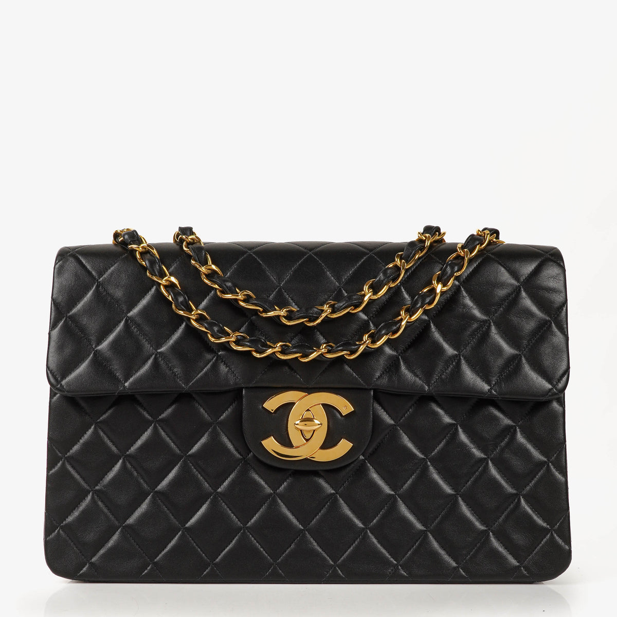 Chanel Maxi CC Classic Single Flap Maxi Logo Bag Black Quilted Lambskin 24K Gold-Plated Hardware