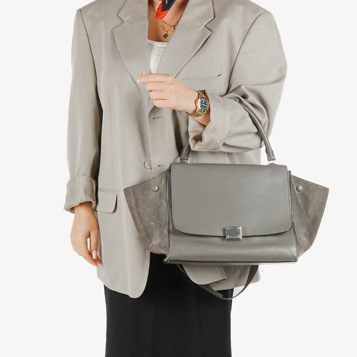 Celine Grey Leather and Suede Trapeze Bag