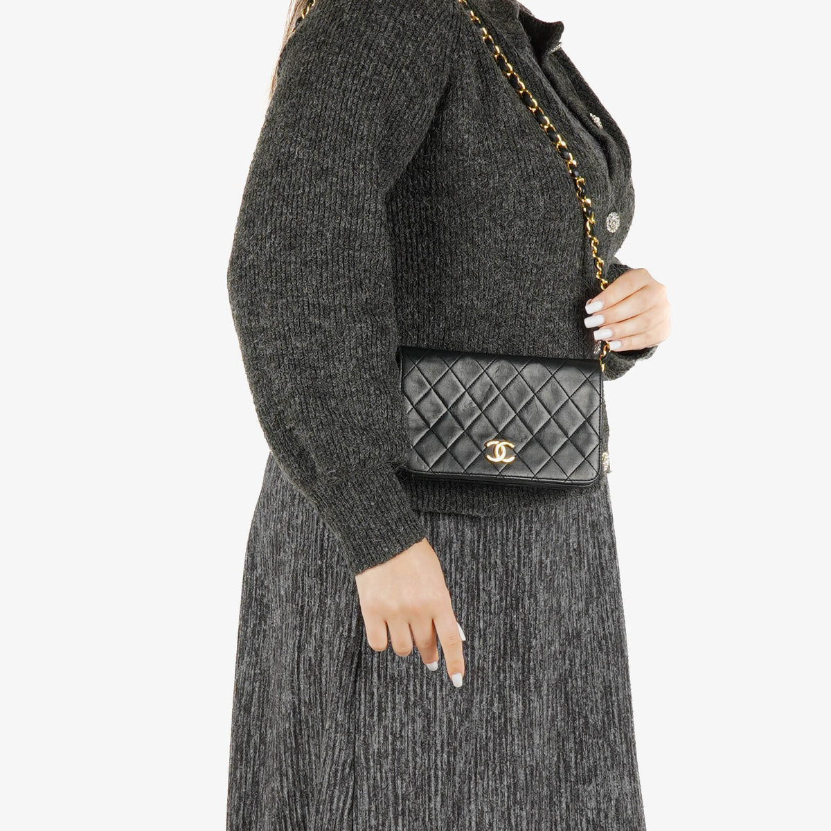Chanel Mini Classic Black Quilted Lambskin Full Flap Wallet On Chain WOC With 24K Gold-Plated Hardware