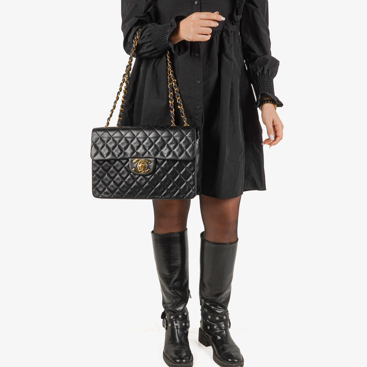 Chanel Maxi CC Classic Single Flap Maxi Logo Bag Black Quilted Lambskin 24K Gold-Plated Hardware
