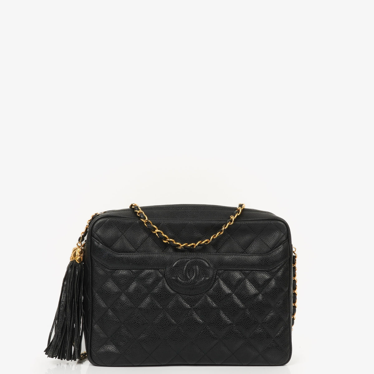 Chanel Vintage Large Camera Tassel Bag In Black Quilted Caviar Leather