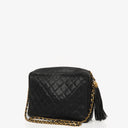 Chanel Vintage Large Camera Tassel Bag In Black Quilted Caviar Leather