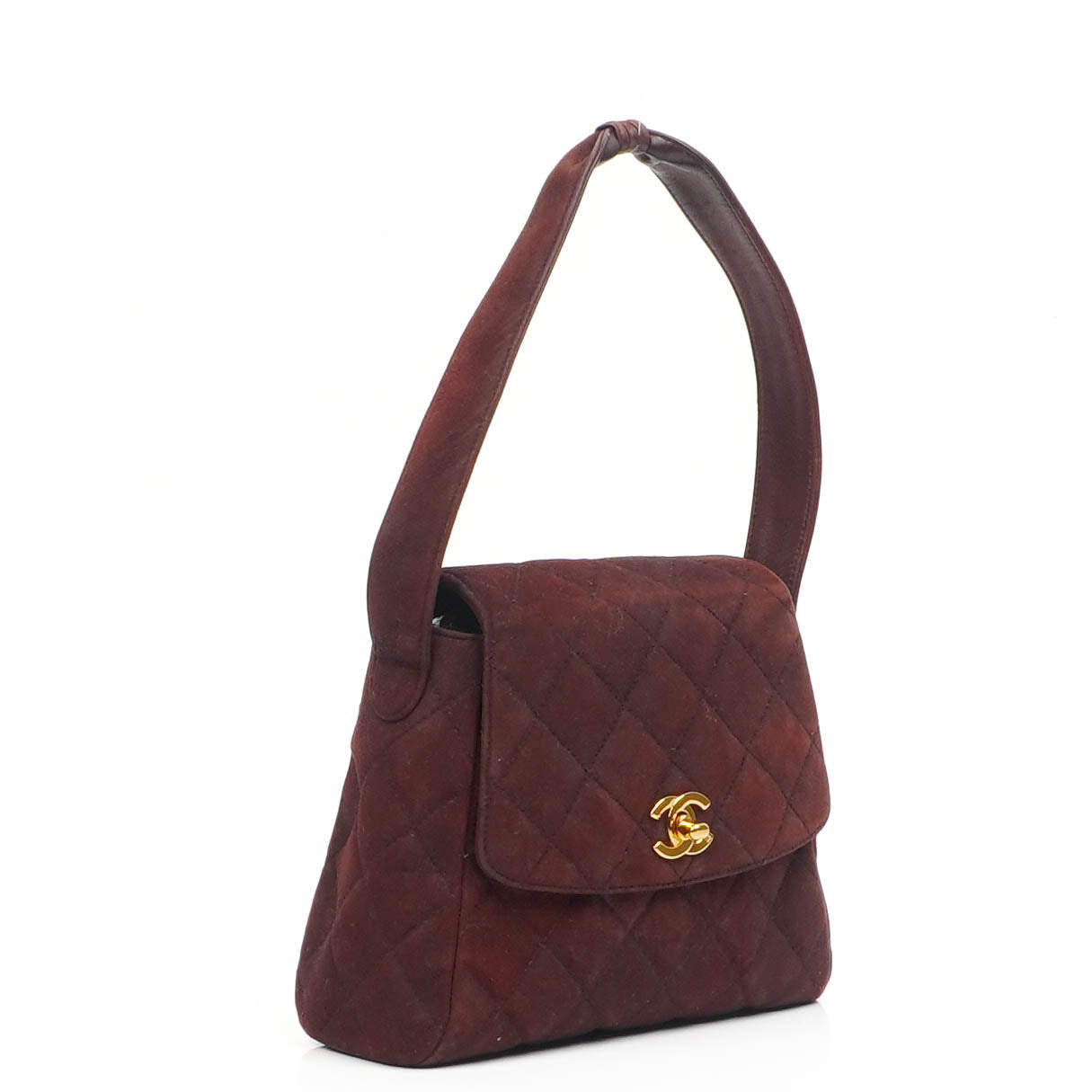 Chanel Vintage Klappentasche Gestepptes Burgunder Wildleder 24K Vergoldete Beschläge