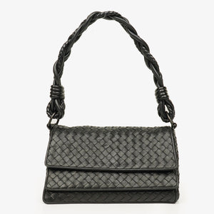Bottega Veneta Black Intrecciato Leather Braided Handle Flap Shoulder Bag
