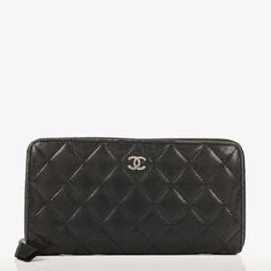 Chanel Large Gusset Zip Around Black Lambskin Quilted Wallet