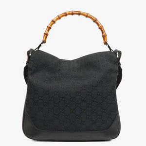 Gucci Bamboo Top Handle Dark Navy Monogram Canvas And Leather Hobo Bag