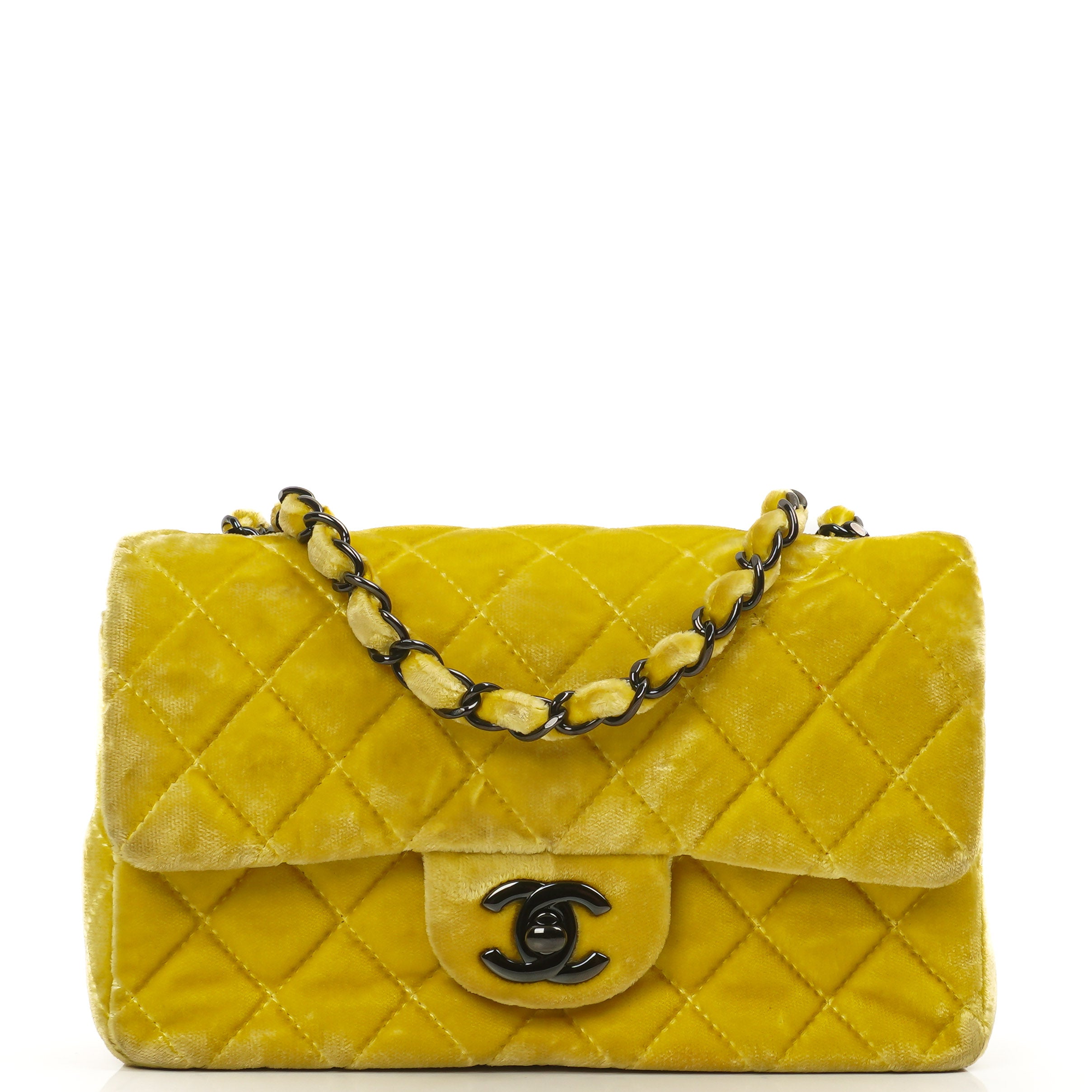 Chanel Mini Rechteckige Single Flap Tasche Gelber Gesteppt Samt Mit Schwarzer Hardware