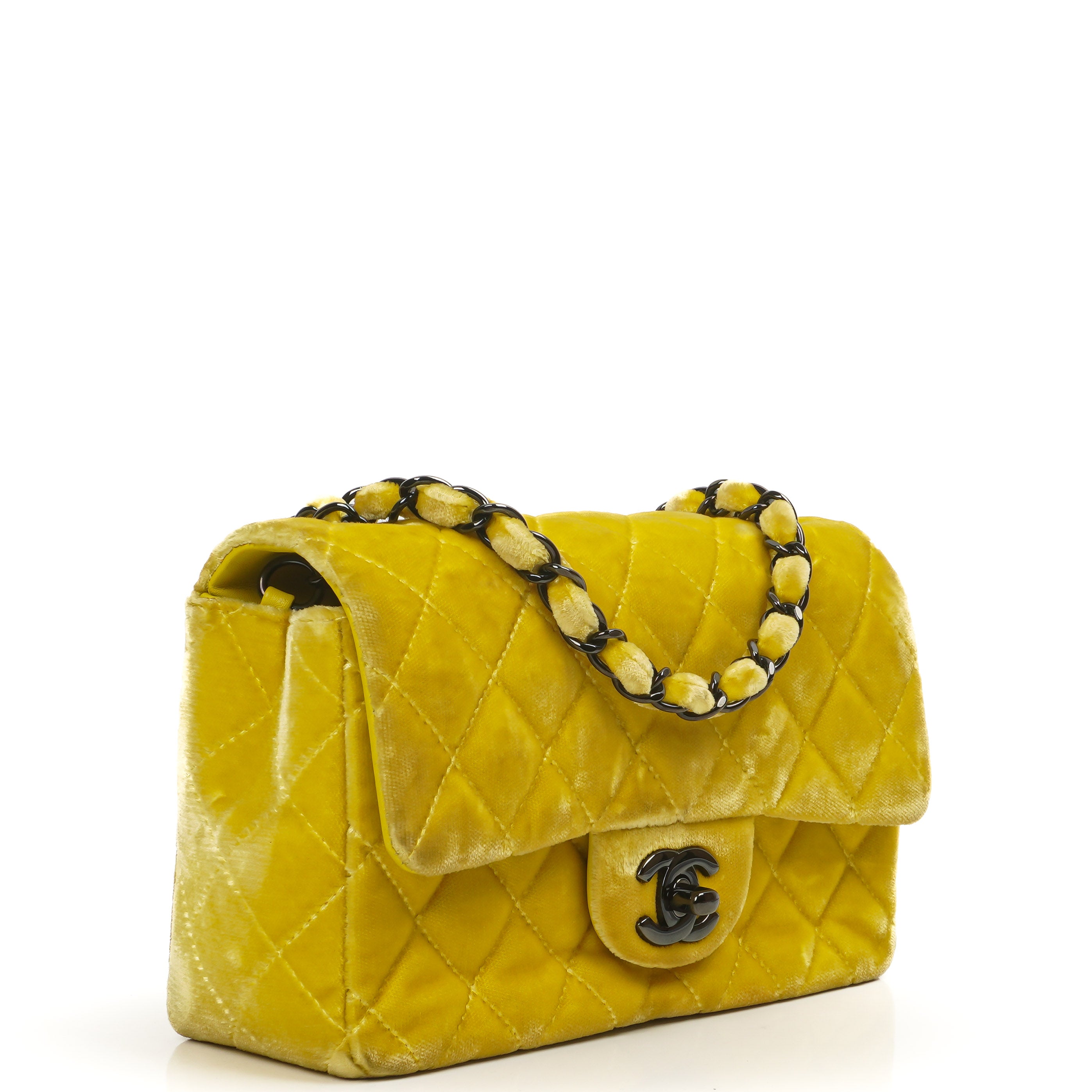 Chanel Mini Rechteckige Single Flap Tasche Gelber Gesteppt Samt Mit Schwarzer Hardware