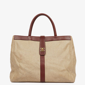 Chanel Beige Linen And Brown Leather Tote Bag