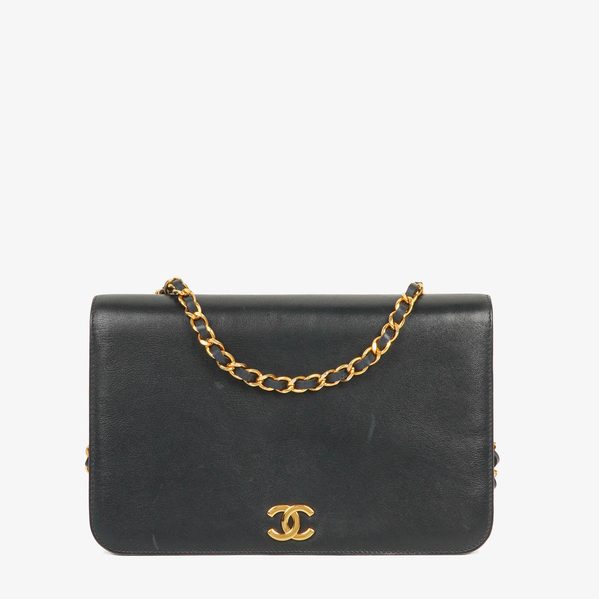 Chanel Classic Calfskin Box Leather Navy Full Flap Bag With 24K Gold-Plated Hardware