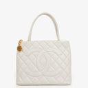 Chanel Medallion Vintage Tote Bag In White Quilted Caviar Leather