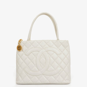 Chanel Medallion Vintage Tote Bag In White Quilted Caviar Leather