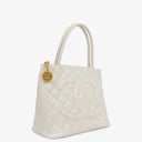 Chanel Medallion Vintage Tote Bag In White Quilted Caviar Leather