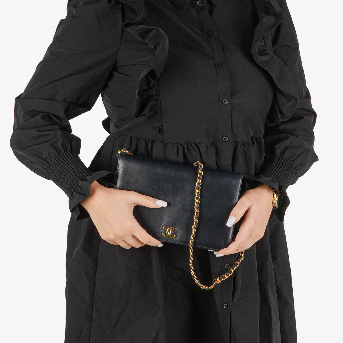 Chanel Classic Calfskin Box Leather Navy Full Flap Bag With 24K Gold-Plated Hardware