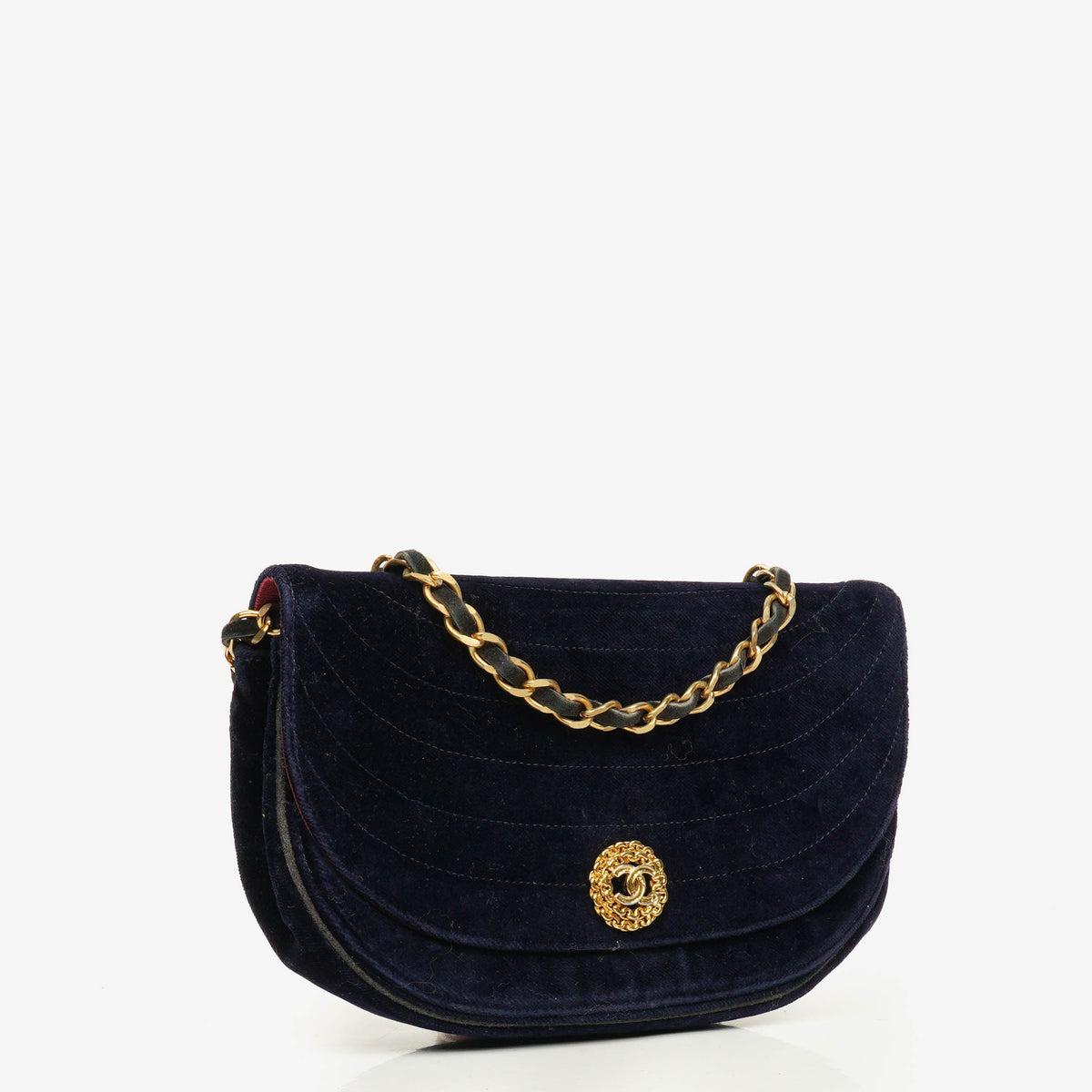 Chanel Small Half-Moon Navy Velvet Flap Bag