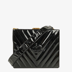 Chanel Black Chevron Quilted Patent Leather Vanity Case Box Bag