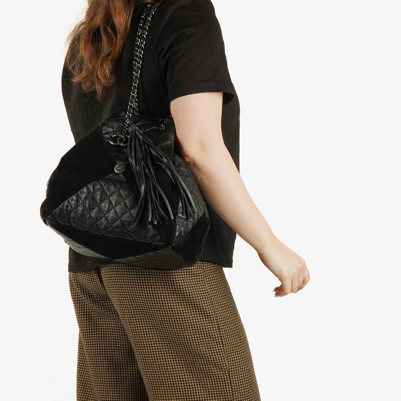 Chanel Leather and Suede Patchwork Drawstring Bag