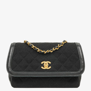 Chanel Vintage Small Single Flap In Black Quilted Jersey And Leather With 24K Gold-Plated Hardware
