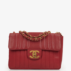 Chanel Red Lambskin Vertical Quilted Jumbo Single Flap