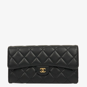 Chanel Lambskin Quilted Large Gusset Flap Wallet Black