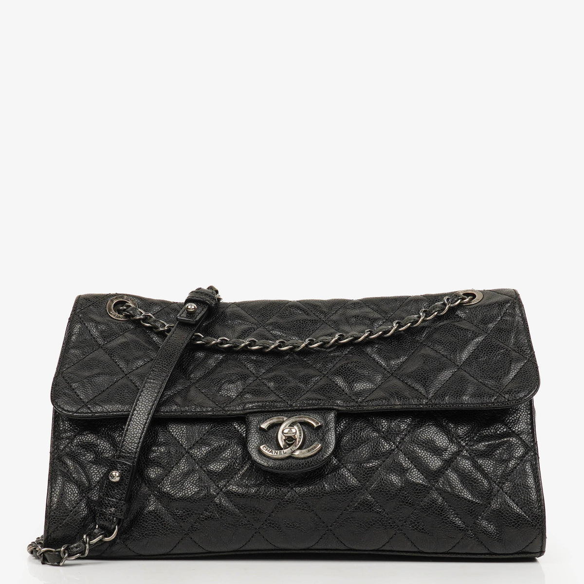 Chanel Black Quilted Crumpled Grained Calfskin Jumbo CC Crave Flap Bag