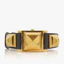 Hermes Medor Black Courchevel Leather Gold Plated Watch With Pyramid Stud Case