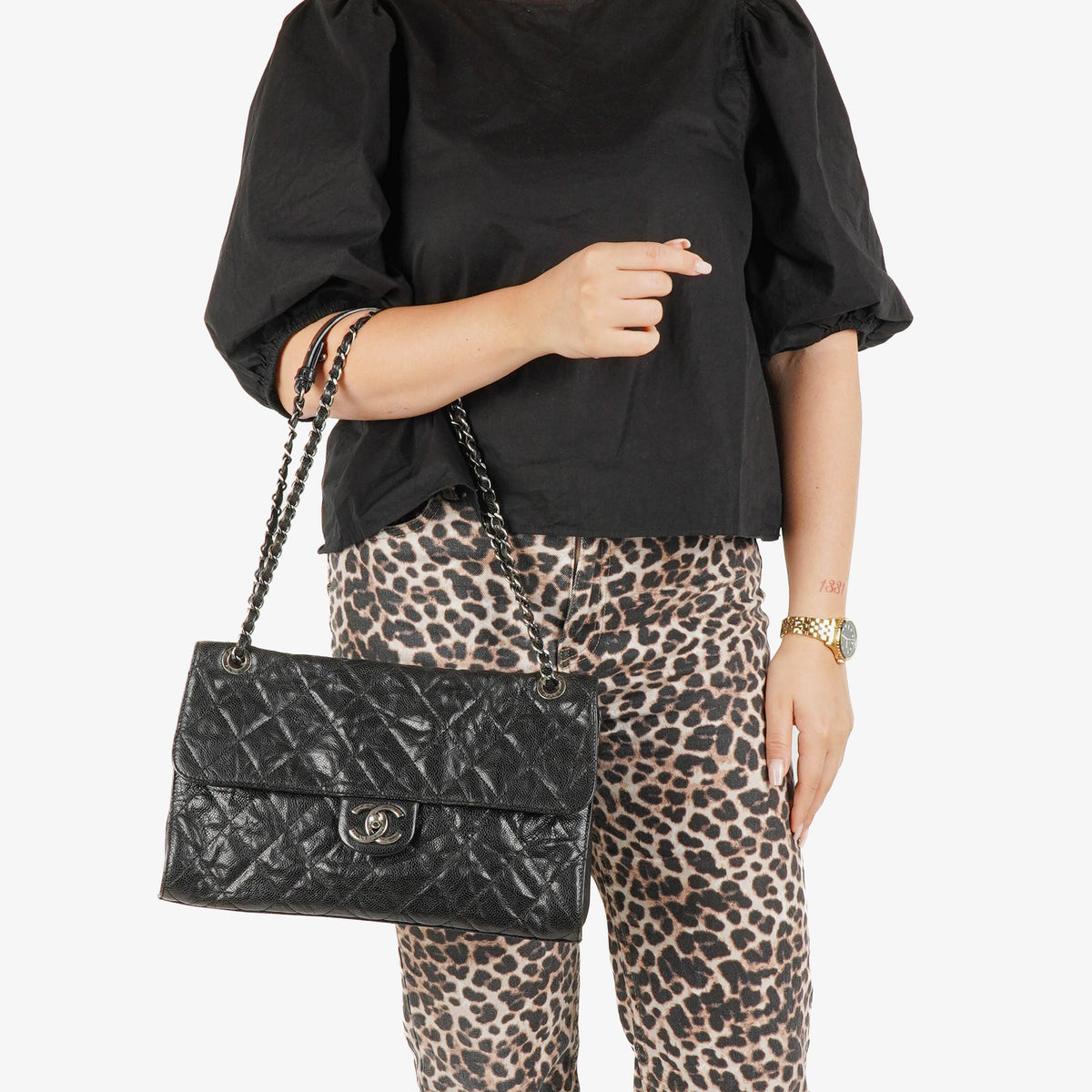 Chanel Black Quilted Crumpled Grained Calfskin Jumbo CC Crave Flap Bag