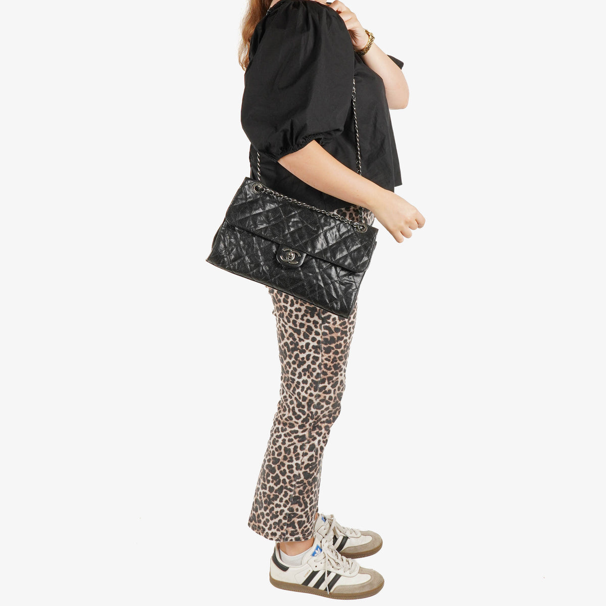 Chanel Black Quilted Crumpled Grained Calfskin Jumbo CC Crave Flap Bag