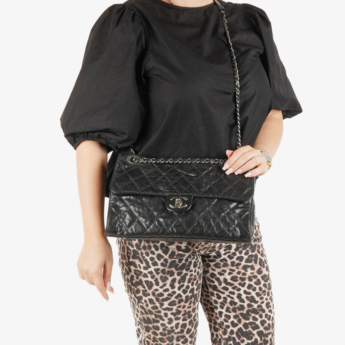 Chanel Black Quilted Crumpled Grained Calfskin Jumbo CC Crave Flap Bag